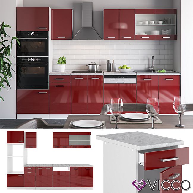 Vicco Kuche R Line 300cm Kuchenzeile Kuchenblock Einbau Rot Bordeaux Hochglanz Online Kaufen Bei Netto